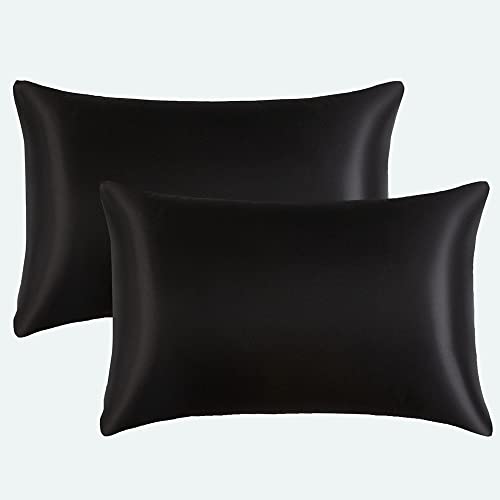 Omela 2er Set Satin Kissenbezüge 40 x 80 cm Schwarz Glatt Doppelpack Seidig Kopfkissenbezug Kissenbezug 40x80 mit verdeckter Reißverschluss aus Mikrofaser für Haar-und Hautpflege Schwarz von Omela