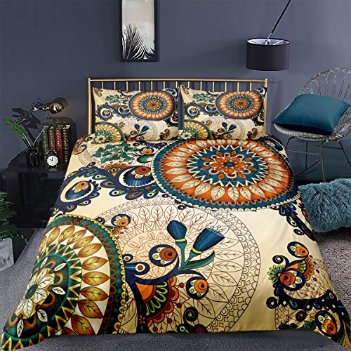 Omela Bettwäsche Boho 135x200 4teilig Gelb Mandala Blumenmuster Bettwäsche Set Exotische Bohemian Style Microfaser Bettbezug mit Reißverschluss und 2 Kissenbezug 80x80 cm von Omela