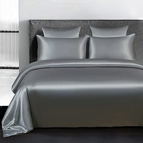 Omela Bettwäsche Satin 135x200 4teilig Grau Einfarbig Glatt Glänzend Bettbezüge mit Reißverschluss 100% Glanzsatin Polyester Sommerbettwäsche Set Kissenbezüge 80x80 cm von Omela