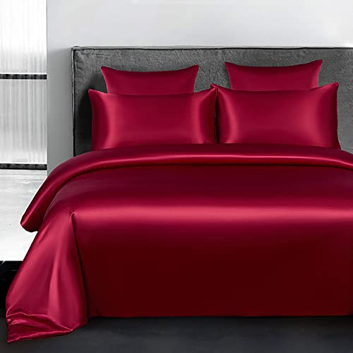 Omela Bettwäsche Satin 135x200 4teilig Weinrot Einfarbig Glatt Glänzend Bettbezüge mit Reißverschluss 100% Glanzsatin Polyester Sommerbettwäsche Set Kissenbezüge 80x80 cm von Omela