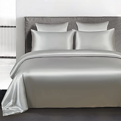 Omela Bettwäsche Satin 200x200 Silber Grau Einfarbig Glatt Bettbezug mit Reißverschluss 3 Teilig Sommerbettwäsche Set 100% Glanzsatin Polyester Deckenbezug und Kissenbezüge 80x80 cm von Omela