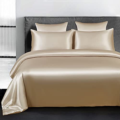 Omela Bettwäsche Satin 220x240 Taupe Beige Einfarbig Glatt Bettbezug mit Reißverschluss 3 Teilig Sommerbettwäsche Set 100% Glanzsatin Polyester Deckenbezug und Kissenbezüge 80x80 cm von Omela