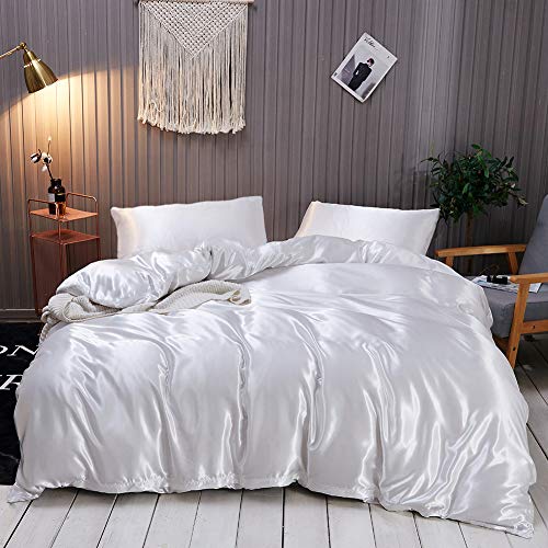 Omela Bettwäsche Set 135x200 Weiß Satin Uni Einfarbig Glanz Bettbezug 100% Glanzsatin Polyester Glatt Angenehm Sommerbettwäsche mit Reißverschluss Kissenbezug 80x80 cm von Omela