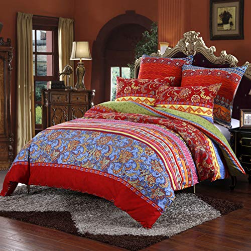 Omela Bettwäsche Set 200x200 Bohemian Boho Style Bettbezug Rot Blumen Muster Indisch Ethnisch Bettdeckenbezug mit Kissenbezüge 80x80 cm aus Weich und Angenehm Mikrofaser Doppelbett von Omela