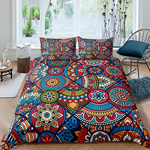 Omela Bohemian Bettwäsche 135x200 4teilig Bunt Mandala Indisches Muster Bettwäsche Set Exotische Boho Style Microfaser Bettbezug mit Reißverschluss und 2 Kissenbezug 80x80 cm von Omela