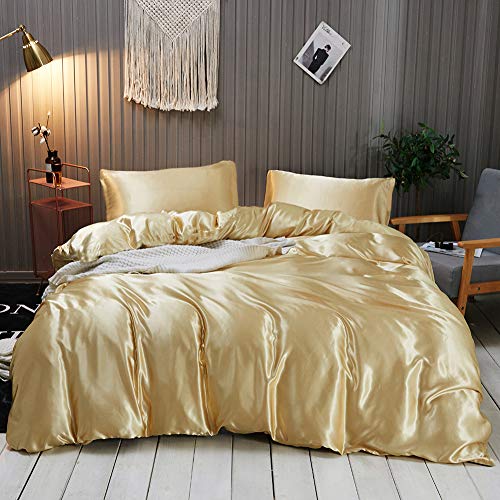 Omela Satin Bettwäsche Set 135x200 4teilig Gold Einfarbig Uni Glänzend Bettbezüge mit Reißverschluss 100% Glanzsatin Polyester Glatt Angenehm Sommerbettwäsche und Kissenbezüge 80x80 cm von Omela