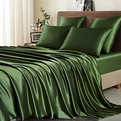 Omela Satin Bettwäsche Set 155x220 Olivgrün Grün Einfarbig Unifarben Glatt Bettbezug mit Reißverschluss 2 Teilig 100% Glanzsatin Polyester Sommerbettwäsche und Kissenbezug 80x80 cm von Omela