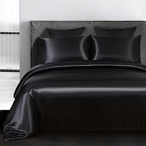 Omela Satin Bettwäsche Set 155x220 Schwarz Einfarbig Unifarben Glatt Bettbezug mit Reißverschluss 2 Teilig 100% Glanzsatin Polyester Sommerbettwäsche und Kissenbezug 80x80 cm von Omela