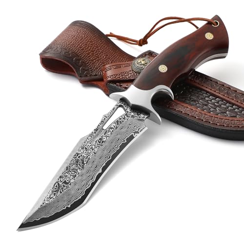Omesio Damast Jagdmesser Hochwertiges Damaststahl Survival Messer Outdoor Damastmesser mit Scheide, Japanischer Stil, Holzhriff von Omesio