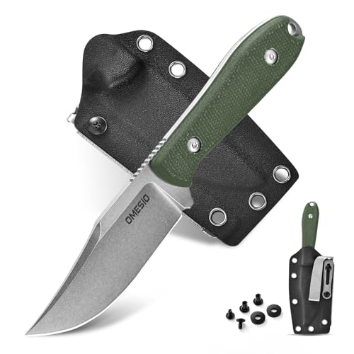 Omesio kleines Jagdmesser D2 Stahl, Gürtelmesser Clip Point Klinge 7, 8 cm, Kydex Scheide mit Schleifstein, 42a konform EDC Messer, Micarta Griff Zusätzliches Nylonseil für die Camping Ausrüstung von Omesio
