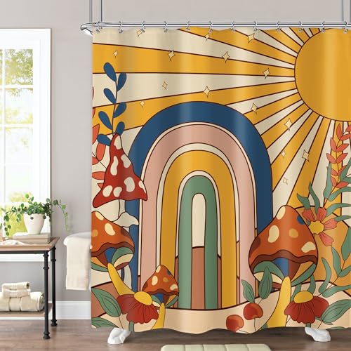 Omifly 70er Jahre Retro Pilz Hippie Duschvorhang 152 x 183 cm Sonne Regenbogen Hippie Vintage Floral Funky Boho Chic Blumen Abstrakt Ästhetisch Groovy mit 12 Haken Stoff Wasserdicht Zubehör Dekor von Omifly