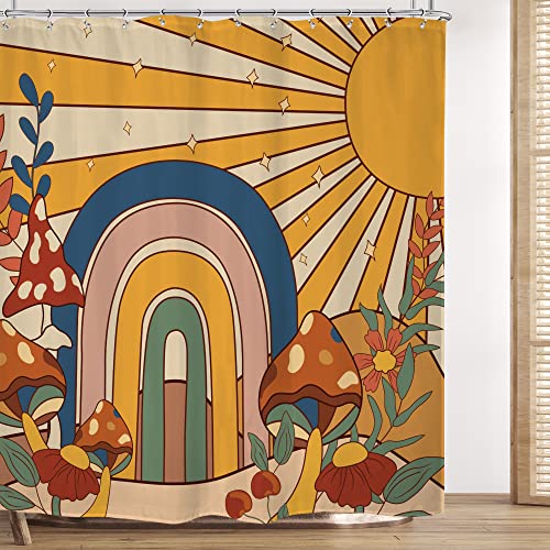 Omifly 70er Jahre Retro Pilz Hippie Duschvorhang 183 x 183 cm Regenbogen Sonne Hippie Vintage Floral Funky Boho Chic Ästhetisch Groovy mit 12 Kunststoffhaken Stoff Wasserdicht WC-Zubehör Dekor von Omifly