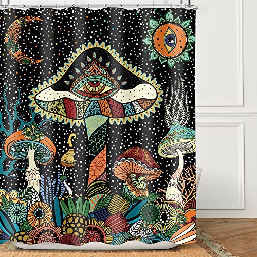 Omifly Duschvorhang mit Pilz, abstrakt, geheimnisvoll, Gothic, Sonne, 152 x 183 cm (B x H), ?sthetisch, Mond, Sternenauge, bunt, psychedelisch, Gothic, mit 12 Kunststoffhaken, Stoff, wasserdicht, Toilettenzubeh?r, Dekoration von Omifly