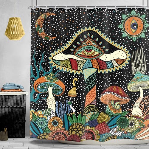 Omifly Mushroom Trippy Duschvorhang, abstrakt, geheimnisvoll, Gothic, Sonne, 183 x 183 cm, ästhetischer Mond, Sternenauge, psychedelisch, bunt, Gothic, mit 12 Kunststoffhaken, Stoff, wasserdicht, von Omifly
