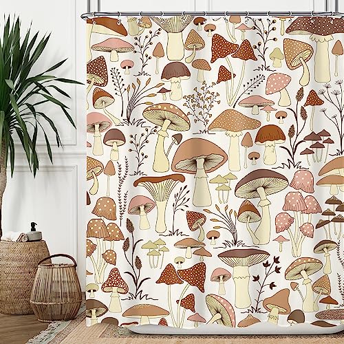 Omifly Vintage Pilz Duschvorhang 60Wx72H Zoll Retro Pflanze Boho 60er 70er Jahre Abstrakte Botanische Blätter Beige Braun Funky Nature mit 12 Kunststoffhaken Stoff Wasserdicht WC-Zubehör Dekor von Omifly