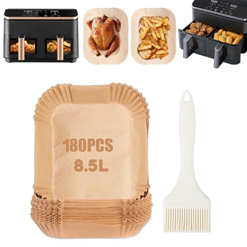 Ominelu 180 Stück Airfryer Backpapier Mit Ölpinsel– Kompatibel mit Cosori Dual Zone 8,5L, Cookwise 9L & 2-Kammer-Heißluftfritteusen – Antihaftend, Hitzebeständig von Ominelu