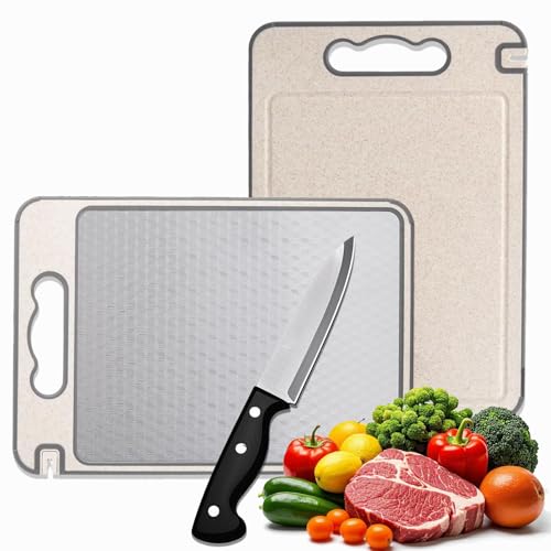 Ominelu Multifunktional Weizenstroh Doppelseitiges Edelstahl Schneidebrett – Kratzfestes Netzdesign, Spülmaschinenfest für Fleisch & Gemüse – Robust & Langlebig von Ominelu