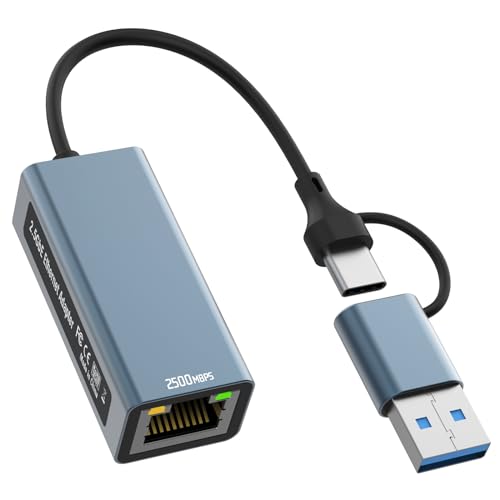 2.5G USB LAN Adapter, 2-IN-1 USB-C Ethernet Verkabelter Netzwerkadapter 100/1000/2500Mbps LAN Adapter für iPhone 16/15, iPad, MacBook, Smartphone, Tablet, Laptop, Switch, Steam Deck, XPS, etc von Omivine
