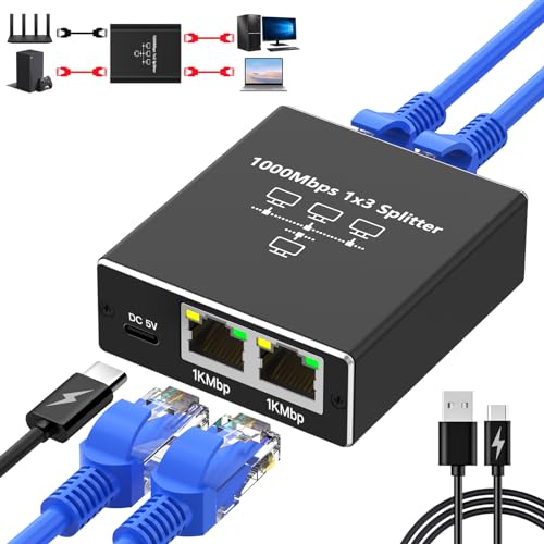 Ethernet Splitter 1 auf 3, Gigabit Netzwerk Splitter, 1000Mbps RJ45 LAN Splitter mit USB-C Stromkabel für Computer, Hub, Switch, Router, ADSL, Digital TV, etc. gleichzeitig Arbeiten (1 auf 3) von Omivine