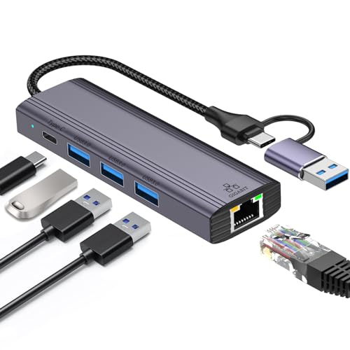 5-IN-2 USB-C auf Ethernet Adapter mit 3*USB 3.0 & 1*USB-C, USB 3.0 auf RJ45 Gigabit LAN Netzwerkadapter Nylon geflochten & Aluminiumlegierung LAN Hub für iPhone16/15, iPad, MacBook, Surface, Dell XPS 5-IN-2 USB-C auf Ethernet Adapter mit 3*USB 3.0 & 1*USB-C, USB 3.0 auf RJ45 Gigabit LAN Netzwerkadapter Nylon geflochten & Aluminiumlegierung LAN Hub für iPhone16/15, iPad, MacBook, Surface, Dell XPS von Omivine