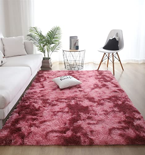 Ommda Teppich Nordisch Wohnzimmer Rund Tie Dye Flauschige und Zottelige Teppiche Waschbar für Innenbereich Esszimmer Kinderzimmer Schlafzimmer Wassermelonenrot 140x200cm von Ommda