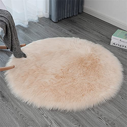 Ommda Teppiche Kunstfell für Wohnzimmer Teppich Fellimitat Rund für Schlafzimmer Wollteppich Shaggy Langflor Abwaschbar für Kinderzimmer,Beige,35cm von Ommda