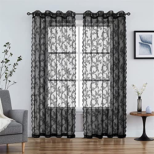 Ommda Transparenter Spitzen Vorhang mit ösen für Wohnzimmer, Leicht, Netz-Fenstervorhänge mit Lichtfilterung für Schlafzimmer,1 Stück, Schwarz, 92x145cm von Ommda