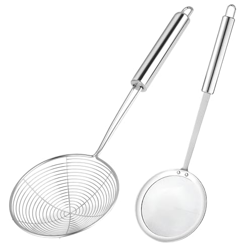 Omnikryp 2 Stücke Schaumlöffel, Schaumkelle aus Edelstahl, Spinnen Sieb mit Langem Griff, Siebkelle für Tägliche, Dünsten und Fritieren, Schöpfen, Durchmesser: 14 cm, 12 cm, Spülmaschine von Omnikryp