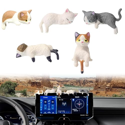Omnikryp 5 Pcs Süßes Katzen Auto Innenzubehör, Cute Car Accessories Interior, Autospiegel Zubehör, Auto Innenraum Deko, Mini Katzenfiguren, Armaturenbrett Dekorationen von Omnikryp