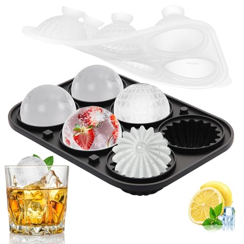 Omnikryp Eiswürfelform Silikon, 6 Fach Große Eiswürfelform Rund, Eiswürfelbehälter 5 cm Rund, Eiswürfelbehälter mit Deckel für Gekühlte Getränke, Whisky und Cocktails von Omnikryp