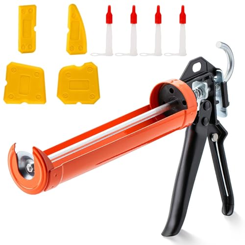 Omnikryp Kartuschenpresse, Ergonomische Kartuschenpistole, Silikonspritze mit 4 Düsen, 4 Schaber, Silikonpistole zum Silikon, Verarbeiten von Sämtlichen 300 ml Dicht und Klebstoffkartuschen, Orange von Omnikryp