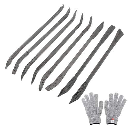 Omninmo Holzfeilen und Raspeln mit schnittfesten Handschuhen, Holzschnitzset, doppelseitiges Riffler-Raspel-Set, speziell geformtes Feilen-Set für Holzbearbeitung, 8 Stück von Omninmo
