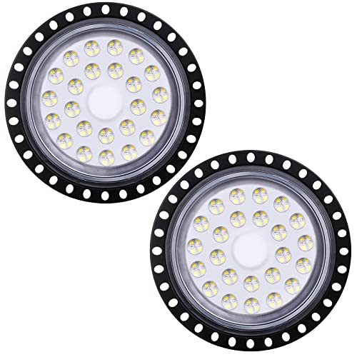 Omprar 2 Stücke 100W LED UFO Industrielampe,10000LM LED Hallenstrahler,LED High Bay Licht mit Kaltweiß 6000-6500K, Abstrahlwinkel 120° für Deckenleuchte, Hallenbeleuchtung, Werkstattbeleuchtung von Omprar