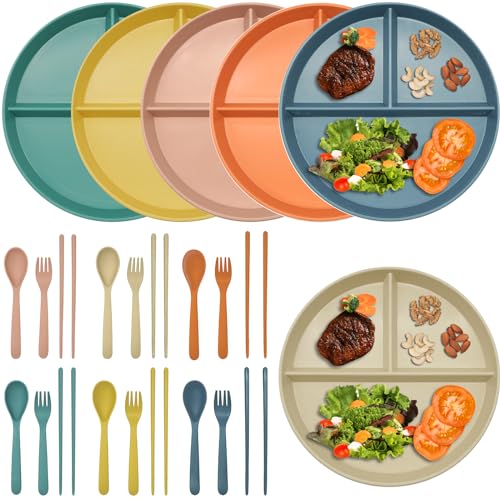 Omsscun 6 Stück Geteilte Teller Set, Plates Unterteilt 22.5cm, Teller mit Unterteilung, Camping Teller Bunt aus Kunststoff mit Entsprechendes Geschirr Wiederverwendbar für Kinder und Erwachsene von Omsscun