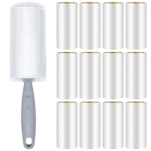 Omtofo 12 Rollen 720 Blatt Fusselrolle mit 1 Staubschutzhüllen + 1 Abroller, Extra Klebrig Lint Roller, Fusselrolle Tierhaare, Fusselroller für Kleidung, Haare, Sofa, Bett, Katzenhaare, Hundehaare von Omtofo