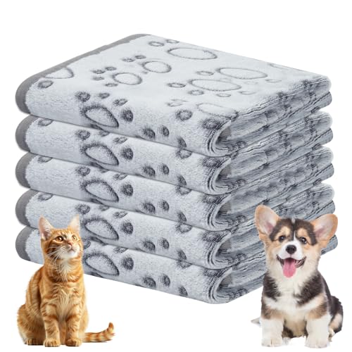 Omtofo 5 Stück Weiche Hundedecke Waschbar, Hundedecke Flauschig, Katzendecke Haustierdecke Für Kleine Mittlere Hunde Katzen, Pfote Muster, Passend Für Sofas Und Betten, 76 × 52cm, Grau von Omtofo