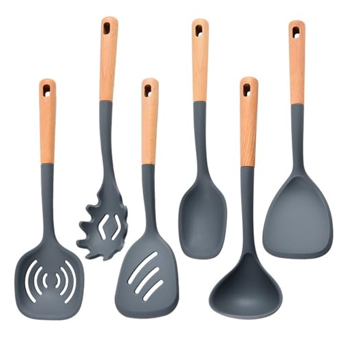 Omtofo Küchenhelfer Set, Silikon Kochutensilien Kochbesteck Set, Hitzebeständiger Kochgeschirr, Antihaft Kochset Küchenutensilien, Antihaft Kochset Küchenutensilien mit Holzgriff von Omtofo