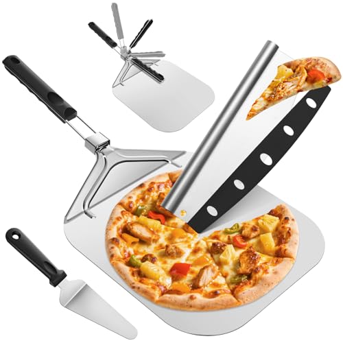 Omtofo Pizza Set 3 teilig, 32cm Pizzaschieber Klappbar + Großer Pizzaschneider mit Abdeckung + Kuchenheber Tortenheber, Aluminium Pizzaschaufel für Hausgemachte Pizzen, Backen, Brot von Omtofo