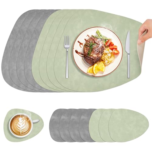 Omtofo Satz Von 8 Tischset, Platzset Hitzebeständig Doppelseitigen, Tischsets Leder Und Untersetzer, Ovales Tischsets Abwaschbar, rutschfeste Und Wasserabweisende Platzdeckchen, Grün Und Grau von Omtofo