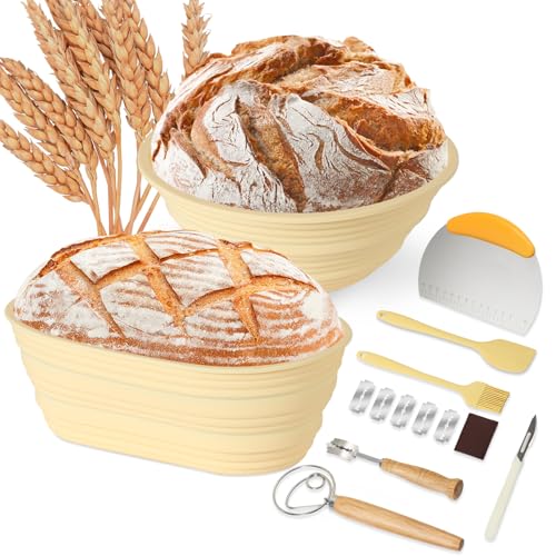 Omtofo Silikon Gärkörbchen Für Brot Set, 23cm Rund & 25cm Oval Gärkorb Brot, Faltbarer Sauerteig Starter Set, Brot Backen Zubehör, Brotbackset Für Hobbybäcker Und Sauerteig Brot Liebhaber von Omtofo