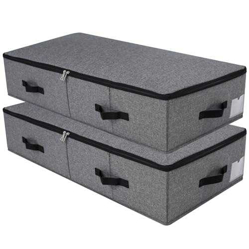 Faltbare Unterbett Aufbewahrungsbox mit Kunststoff-Stützfutter,Decken Kleidung Tröster Aufbewahrungsbehälter Organizer für Schlafzimmer und Schrank, 90×42×18cm, schwarz grau, 2PCS von Omygarden