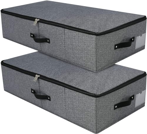 Faltbare Unterbett Aufbewahrungsbox mit Kunststoff-Unterstützung Liner,Decken Kleidung Tröster Aufbewahrungsbehälter Organizer für Schlafzimmer und Schrank, 74.5×38×18cm, schwarz grau, 2PCS von Omygarden