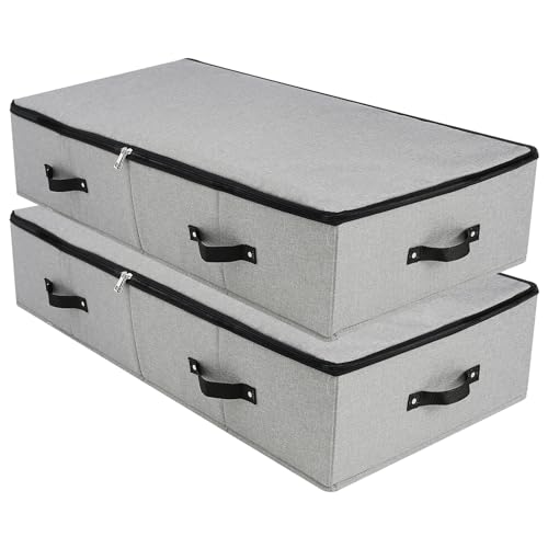 Faltbarer Stoff unter Bett Aufbewahrungsbox mit Kunststoff-Stützfutter, Decken Kleidung Tröster Aufbewahrungsbehälter Organizer für Schlafzimmer und Schrank, 90×42×18cm, Dunkelgrau, 2PCS von Omygarden