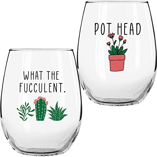 Sukkulentenkaktus-Geschenke für Frauen, Set mit 2 lustigen Weingläsern, 425 ml, Geschenktasse für Pflanzenliebhaber, Motiv: "What the Fucculent" - Pot Head Crazy - Plant Lady Wine Glass Tumbler - von On The Rox Drinks