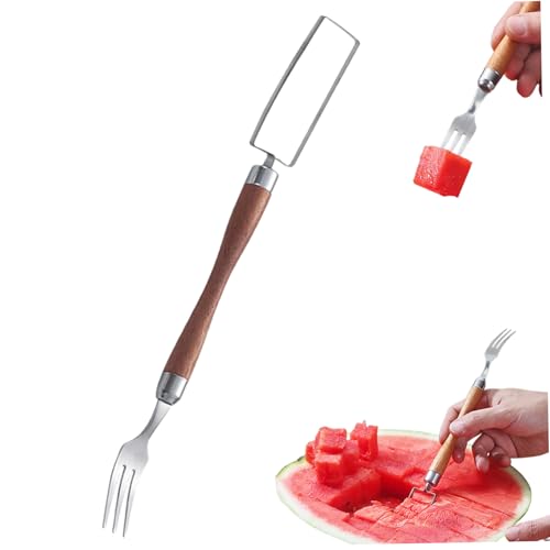 2-in-1-Wassermelongabel Slicer Food Grade Edelstahl Wassermelonschneider mit Holzgriff tragbare Obstschneidgabel für Heimfeiercamping.. von OnIUeZky