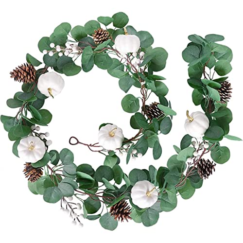 Autumn White Pumpkin Garland 6.23Ft Fall Artificial Eucalyptus Garland Pine Cone Green Leaves Greenery Hanging Decoration for Wedding Backdrop Door Table Decor von OnIUeZky