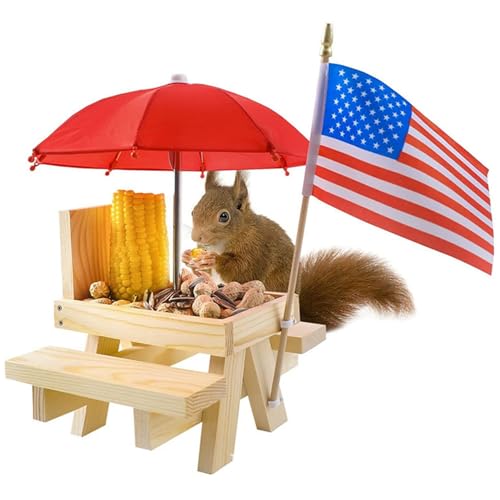 Eichhörnchen -Feeder -Picknicktisch mit Regenschirm und Fahne Holz Eichhörnchen -Futterhäuschen für Außen mit Mais Cob Netter Picknickbank mit Fester Struktur. Eichhörnchen -Feeder -Picknicktisch mit Regenschirm und Fahne Holz Eichhörnchen -Futterhäuschen für Außen mit Mais Cob Netter Picknickbank mit Fester Struktur. von OnIUeZky