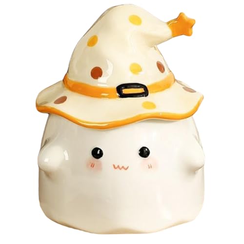 Ghost Becher mit Griff 350 ml süße Gesicht Ghost Kaffeetasse mit Hexenhut Deckel Mikrowellen -Keramik Halloween für Kinder Erwachsene Halloween Geschenke, gelb.. von OnIUeZky
