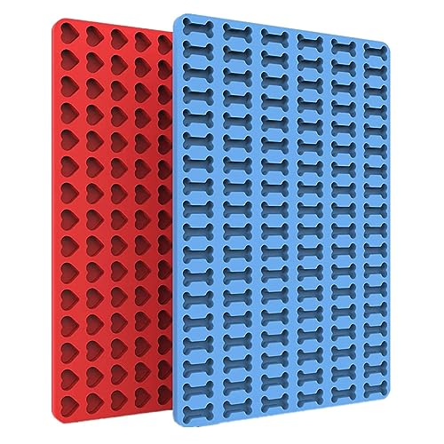 OnIUeZky Mini-Silikonform mit 112 Mulden, Herz-Silikon-Hundekeksform, Haustier-Leckerli-Backform, Schokoladenherstellungswerkzeug, 2 Stück (Knochen und Herz) von OnIUeZky