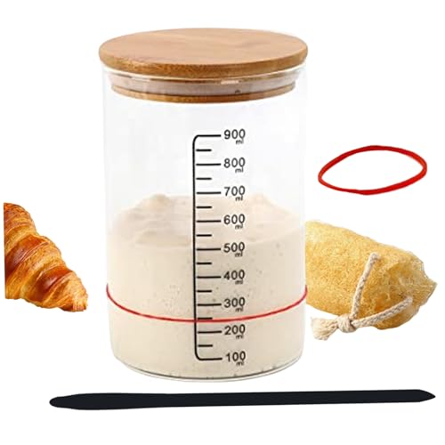 Sauerteig Starter Jar 900 ml Holzdeckel versiegelter skalierter Sauerteig -Starter -Behälter mit Schaber breiter Mundglas Haus Bäckerei Brot Making Kit.. von OnIUeZky
